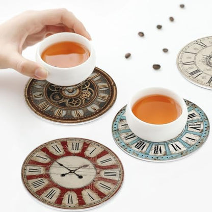Clock Coasters for Drinks with Holder Round Leather Coasters Set of 6 Cups Mugs Mat Pad for Home Kitchen Bar - color: Clock
