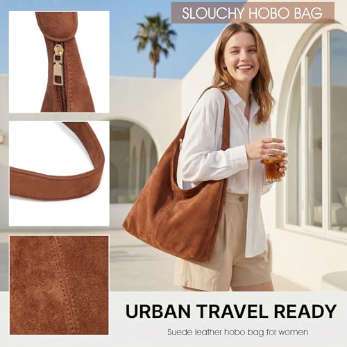 Slouchy Suede Hobo bag for Women Casual Shoulder Bag Soft Cresent Tote Purse Handbag Work Travel - color: Red Brown