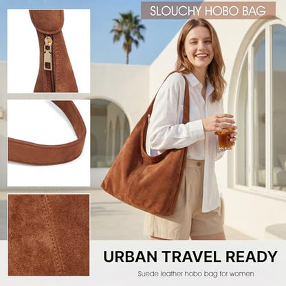 Slouchy Suede Hobo bag for Women Casual Shoulder Bag Soft Cresent Tote Purse Handbag Work Travel - color: Red Brown
