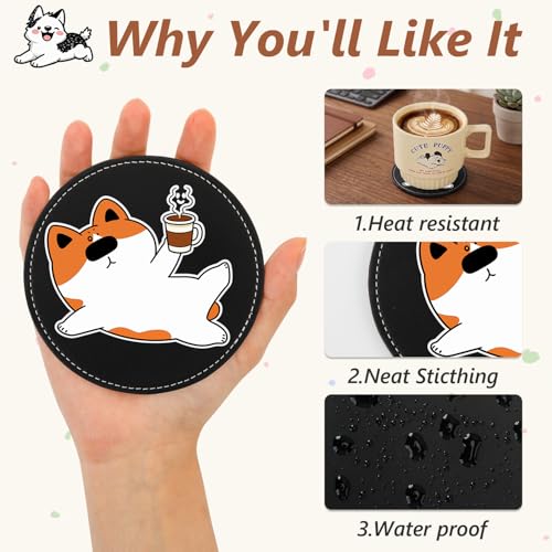 6 Pack Cute Dog Leather Coasters for Drinks, 3.9 Inch Round Drink Cup Mats, Heat Resistant Coasters for Table Protection, Funny Pet Lover Gifts for Men Women - color: Black-6 Pcs