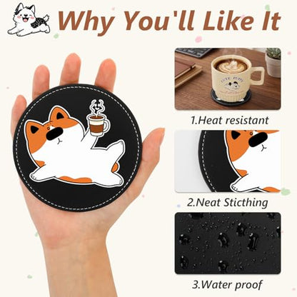 6 Pack Cute Dog Leather Coasters for Drinks, 3.9 Inch Round Drink Cup Mats, Heat Resistant Coasters for Table Protection, Funny Pet Lover Gifts for Men Women - color: Black-6 Pcs