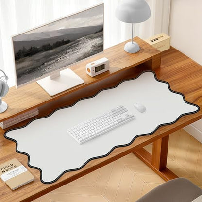 Leather Desk Mat, XXL Large 31.4x15.7in Scalloped Gaming Mouse pad，Non-Slip Rubber Base Keyboard Pad Mousepad for Laptop Computer Game Home Office，Waterproof and Oilproof Desktop Mat I Gray - color: Gray
