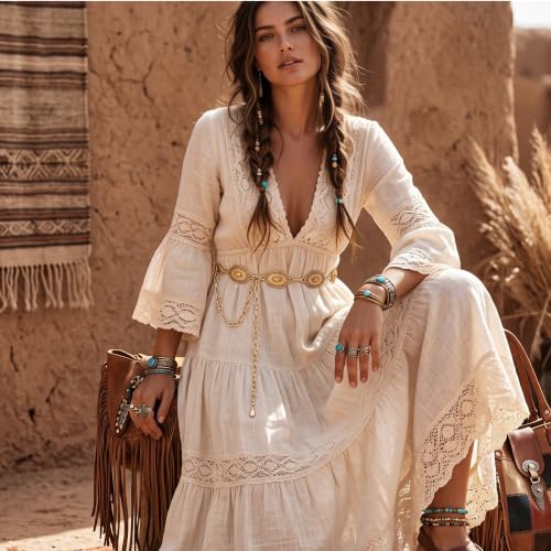 2 Pcs Boho Belt for Women, Western Waist Chain and Leather Belt | Includes Waist Chain and Leather Belt with West Concho Details, Suitable for Dresses, Jeans and Western Styling - color: Coffee-gold-51"