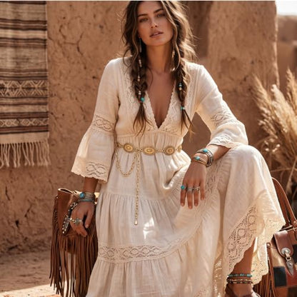 2 Pcs Boho Belt for Women, Western Waist Chain and Leather Belt | Includes Waist Chain and Leather Belt with West Concho Details, Suitable for Dresses, Jeans and Western Styling - color: Coffee-gold-51"