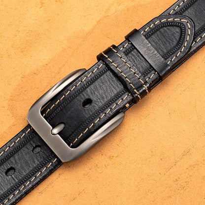 Italian Full Grain Vegetable Tanned Leather Belt Men Western Cowboy Casual Jean Belt 1.5 Wide 7 Holes - color: Full Grain Leather / Black, size: Belt Size 40 / Pants Size 38