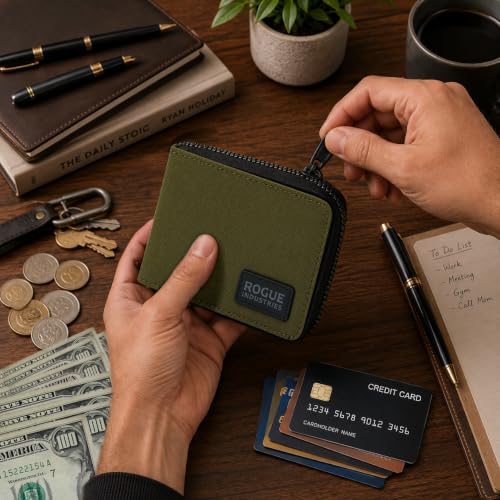 Leather & Nylon Zip Wallet for Men, RFID Blocking, Khaki | Men’s zipper wallet – Gift for birthdays - Nylon zip wallet – Leather interior – Stylish everyday functionality - color: Khaki