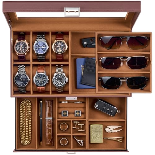 ProCase Mens Jewelry Box, 6 Slot Watch Box & 3 Slot Sunglass Holder -Brown | 2-layer Lockable Sunglasses Jewelry Organizer Storage for Men, Watch Display Case with Drawer, Clear Lid, Father Gift - color: Brown