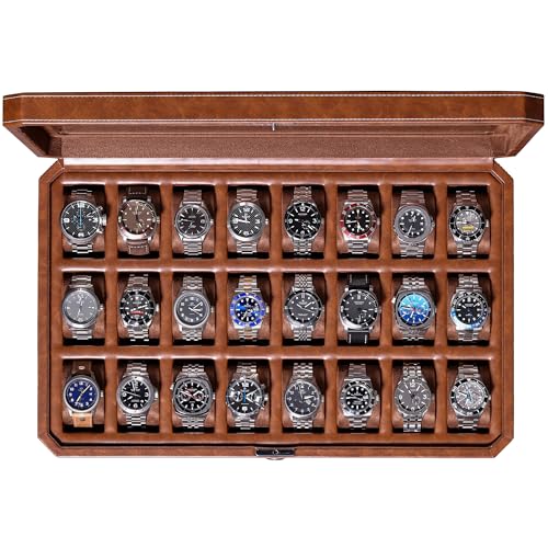 ROTHWELL 24 Slot Watch Case with Lock – Luxury Watch Box to Display and Organize Your Collection | Real Glass Top | Premium Storage for Collectors (Tan/Brown) - color: Tan / Brown