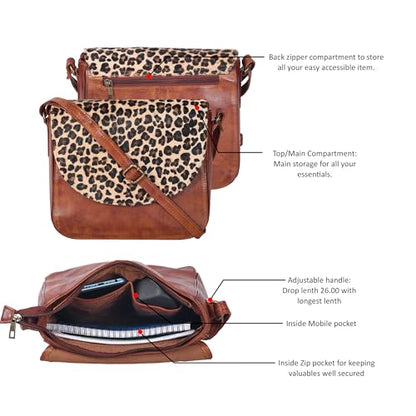 Ozora Genuine Leather Crossbody Bag for Women, Adjustable Strap - color: Tan Wash Cheetah