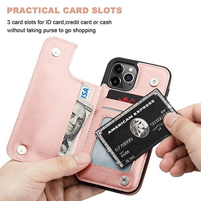 ONETOP for iPhone 12 & iPhone 12 Pro Wallet Case with Card Holder,Rosegold | Kickstand,ID/Cash Holder,Case Wallet with Card Slots,Double Magnetic Clasp,Durable PU Leather Shockproof Cover for Women Men - color: Rose Gold