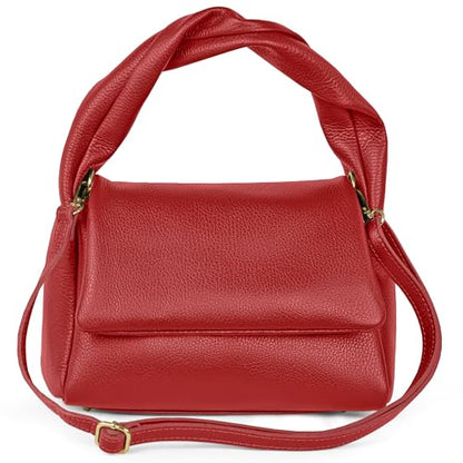 Italian Calf Leather Top-Handle Bag for Women with Zipper Magnetic Flap & Twisted Handle | Crossbody Shoulder Purse (Red) - color: Red