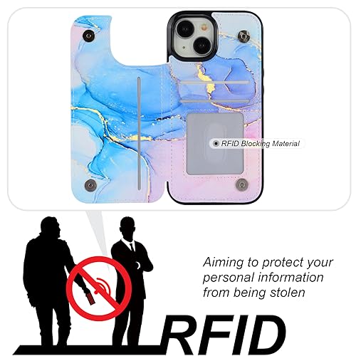 HAOPINSH for iPhone 15 Wallet Case with Card Holder, Pink Blue Marble Pattern Back Flip Folio PU Leather Kickstand Card Slots Case for Women Girls, Double Magnetic Clasp Shockproof Cover 6.1" - color: Pink Blue Marble