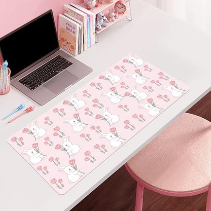 Pink Bunny Tulip Desk Mat, Cute Extended Gaming Keyboard Mouse Pad, Large Office Desk Cover Mat Pad Deskmat, Non-Slip Leather Home Office Desk Mat Protector 31.5"×15.7" - color: Pink Bunny, size: 31.5" x 15.7"