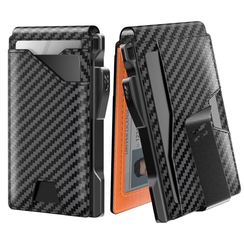 typecase Tactical Wallet for Men Card Holder: Pop Up Card Case, Genuine Leather, Smart, RFID Blocking, Slim, Minimalist, Thin, Front Pocket - 9-13 Card Capacitiy, ID Window, Money Clip (Orange) - color: Carbon Fiber Orange
