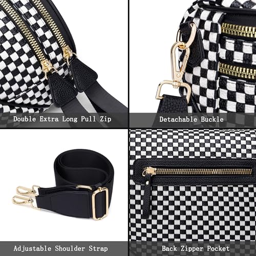 Stylish Woven Checkered Crossbody Bag Large Bum Bag for Women Soft Vegan Leather Purse Fanny Packs with Coin Purse - color: Black-white