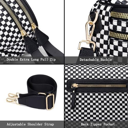 Stylish Woven Checkered Crossbody Bag Large Bum Bag for Women Soft Vegan Leather Purse Fanny Packs with Coin Purse - color: Black-white