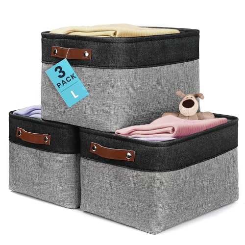 OrganiHaus 15x11in Canvas Storage Baskets 3 Pack - Fabric Bins for Shelves | Vegan leather handles; a decorative closet organizer for clothes, shoes, or toys; bedroom container - color: Gray / Black, size: Large - 3pc