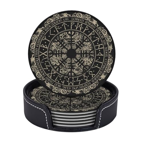 Black Viking Magical Leather Drinks Coasters with Holder, Set of 6, Suitable for Various Cups - color: Black Viking Magical
