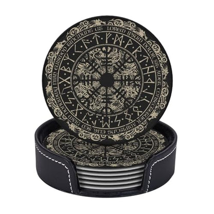 Black Viking Magical Leather Drinks Coasters with Holder, Set of 6, Suitable for Various Cups - color: Black Viking Magical
