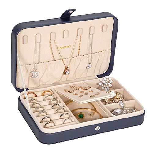LANDICI Small Jewelry Box for Women Girls, PU Leather Travel Jewelry Case, Portable Jewelry Organizer Storage Holder Display for Ring Earrings Necklace Brooch Men Kids Gift, Dark Blue - color: Dark Blue