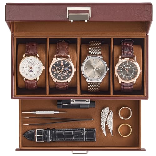 ProCase Watch Case, 4 Slot Mens Watch Box with Drawer -Espresso | 2-Layer Jewelry Box Display Case Holder Organizer for Men, Clear Lid, Dad Friend Father Anniversary Christmas Birthday Gift - color: Espresso, size: 4-Slot