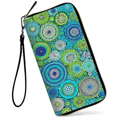 Wristlet Wallets for Women,Large Capacity RFID Blocking Leather Zip Around Travel Wallet Phone Purse Clutch Bag - color: Green Mandala Flowers