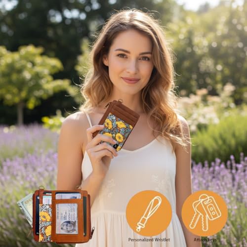 Credit Card Holder RFID Blocking Slim Wallet Women Front Pocket | Mini Small Leather Wallet with ID Window Cash Purse Cute Minimalist Travel Gift for Women Lightweight Card Holder - color: dandelion