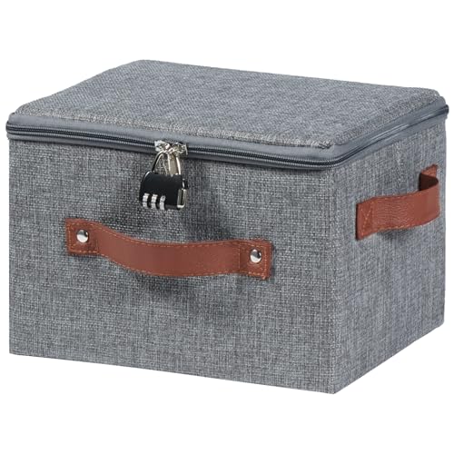 Lockable Storage Bins Box with Zipper Lid Combination Lock | Cotton Linen Fabric Lidded Baskets, Foldable Washable Closet Shelf Organizer Container, w/ PU Leather Handles, Gray, Small - color: Gray, size: Small ( Set of 1 )