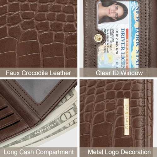 Crocodile Wallets Women Small Luxury Faux Leather Alligator Wallet | Chic RFID Blocking Womens Trifold Credit Card Holder Ladies Mini Purse, Coffee Croc - color: Coffee