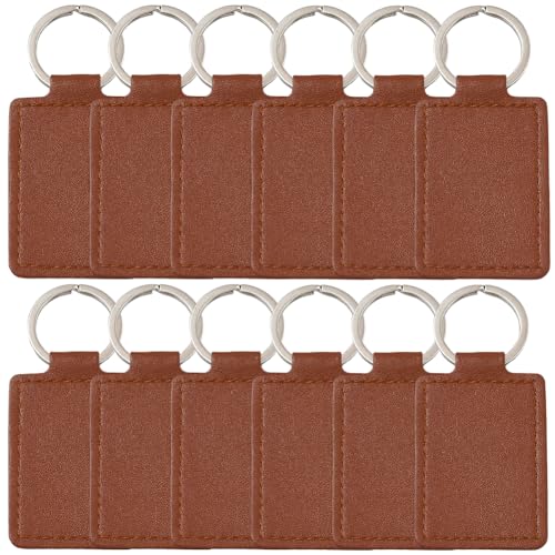 12PCS Rectangular PU Leather Keychain Blanks Brown Leather Key Fob Kits with Iron Keyring Blank Double Side Charm Kit Pendant Holder Bulk for DIY Craft Present Making Engraving Stamping - color: Brown