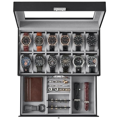 SONGMICS Watch Box, 12-Slot Watch Case Organizer with Large Glass Lid, 2 Layers, Removable Pillows, Metal Lock, Gift for Loved Ones, Black Synthetic Leather, Gray Lining UJWB012 | For Rings, Bracelets, Gift Idea, Black Synthetic Leather, Gray Lining, BRID