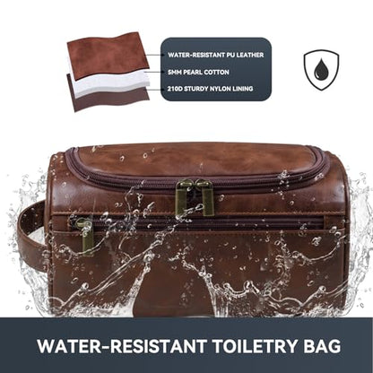 Toiletry Bag for Men,Small Leather Travel Pouch Bag with Hanging hook - color: Deep Brown