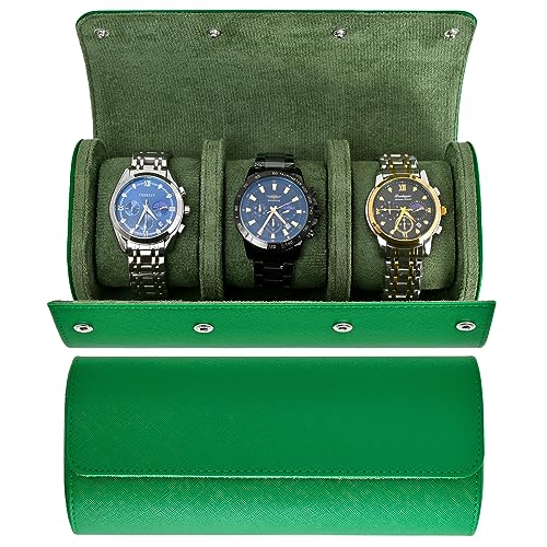 Watch Roll Travel Case for Men and Women- 3 Watch Storage and Organizer | Secure Storage with Innovative Removable Pillows & Solid Dividers for Home Storage, Travel and Display (Green Cross-3 Slot) - color: Green-3