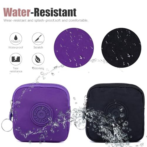 Coin Purse Change Pouch for Women 2 Layers Zipper Oxford Cloth Waterproof Purse (Black+Purple) - color: Black+Purple