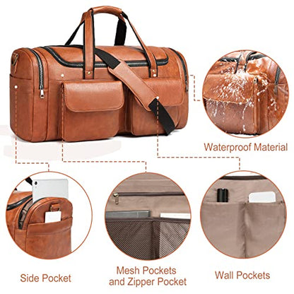 Travel Duffel Bag for Men Women, Large PU Leather Carry on Duffle Bags for Traveling, Waterproof Overnight Weekender Duffel Bag with Shoe Compartment - Perfect for Daily Use/Birthday Gift - color: Brown