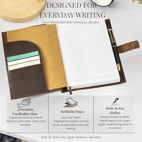 A5 Refillable Leather Journal for Men and Women with Pen, Leather Notebook, Bound Cover, Premium Writing Diary