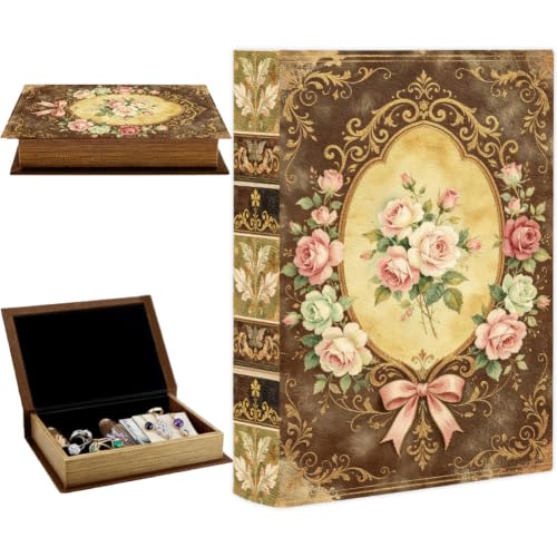 Faux Book Storage Box Floral 9.1 x 5.9 x 2 Inch Vintage Book Trinket Box Flower Bow Pattern Decorative Storage Organizers for Jewelry Trinkets Wedding Keepsake Photos Home Bookshelf Decor - color: Rose