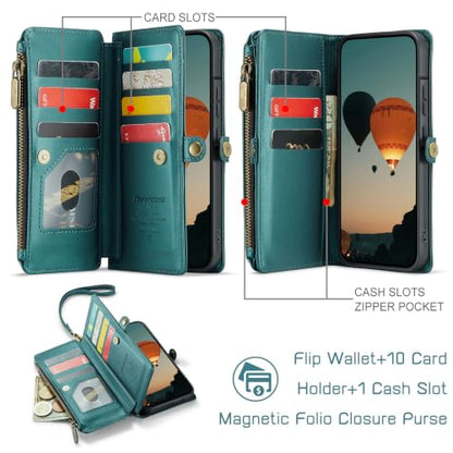 Defencase for Samsung Galaxy A37 5G Wallet Case with Card Holder, Bluegreen | RFID Blocking, Zipper Pocket, Durable PU Leather, Wrist Strap, Fashion Snap Flip Phone Cases Cover with Stand for Women Men - color: Blue Green