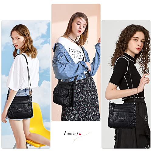 Angelkiss Small Womens Crossbody Bag Leather Shoulder Purse for Women Hobo Bag with Adjustable Shoulder Strap - color: Black