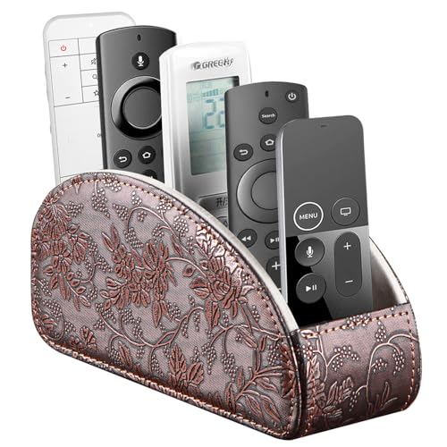 All-in-One TV Remote Holder/Caddy for Remote Conrtols with 5 Compartments | PU Leather Nightstand Desktop Storage Box Organizer/Tray for Makeup,Media Player Controller,Phone,Pen,Office Desk Accessories - color: Antique Flower, size: Small