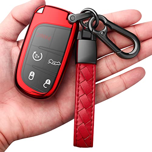 Compatible With Jeep Key Fob Cover With Leather Keychain Soft TPU Protection Key Case For Grand Cherokee Renegade Chrysler 200 300 Dodge RAM Durango Challenger Journey Dart Fiat Smart Key,Red - color: Red