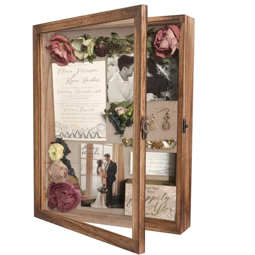 Large Shadow Box Frame 11x14 Display Case, Wood Wedding Bouquet Memory Box | Hinged Front Open Door with Tempered Glass, Linen Back with Pins for Pictures Keepsake, Interior Depth 1.5 inches for Flowers - color: Carbonized Black, size: 11"x14" (28x35 cm)