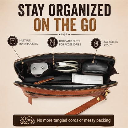 Genuine Leather Makeup Bag Travel Organizer, Premium Handcrafted Cosmetic Pouch with Zipper & Wrist Strap, Durable Toiletry Storage for Women & Men, 5 x 9- Tan - color: Tan Travel Makeup Bag