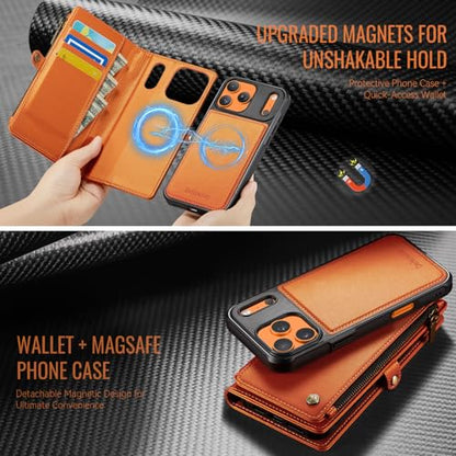 Defencase for iPhone 17 Pro Case Wallet Compatible with Magsafe, Orange | Drop-Proof Magnetic Detachable Phone Cases Cover, with RFID Bolcking Card Holder, Zipper Strap, PU Leather, Removable Wallet - color: (Detachable with Magsafe)-Orange