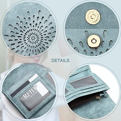 APHISON Womens Wallets RFID Blocking Leather Clutch Long Wallet for Women Card Holder Phone Organizer Ladies Travel Purse Hollow Out Sunflower Design Gift - color: 1-blue