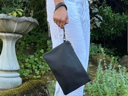 Leather Pouch with Zipper (Carbon Black, Medium w/Wristlet Strap) - color: Carbon Black, size: Medium w/ Wristlet Strap