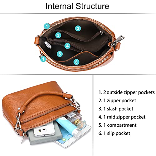 S-ZONE Genuine Leather Handbags for Women Shoulder Bag Crossbody Purse | Top Grain Pebbled Cowhide Leather, Fits 7.9” Pad, 7 Pockets, 2 Detachable Straps, Multi Occasion Daily, Work, Travel - color: B-brown-small