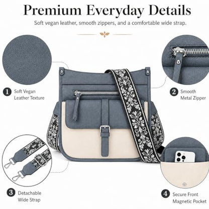 Crossbody Bags for Women,6 Pockets Vagan Leather Shoulder Bag for Daily Use | Boho Guitar Strap, Shoulder Bag, Travel Use - color: Blue and Beige