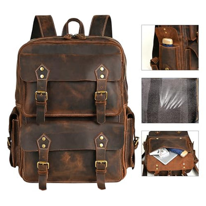 HandadsumeGenuine Crazy Horse Leather Large Travel Back-pack Rucksack Laptop Bag For Men 1965 (1965 Dark Brown 2) - color: 1965 Dark Brown 2
