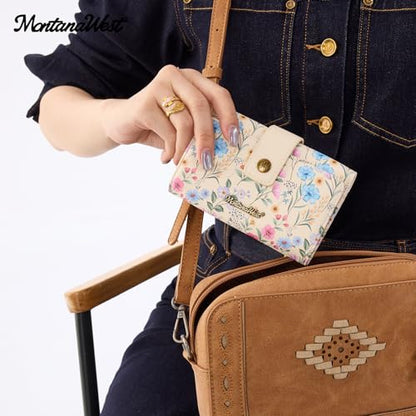 Montana West Small Wallets Woman Trifold RFID Blocking Flower Wallet Ladies Female Credit Card Wallet Western Travel Wallets with ID Window - color: Multicolor